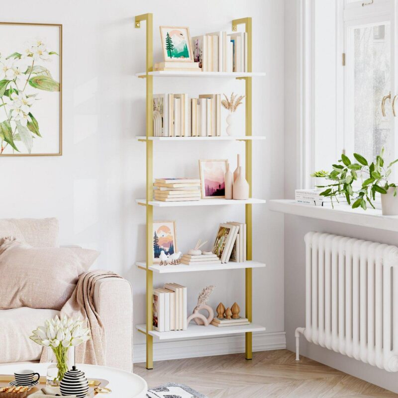 Homfa Wall Mounted Iron Bookcase, 5 Tiers Ladder Shelves with Gold Frame, White Finish