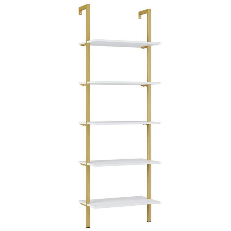 Homfa Wall Mounted Iron Bookcase, 5 Tiers Ladder Shelves with Gold Frame, White Finish - Image 10