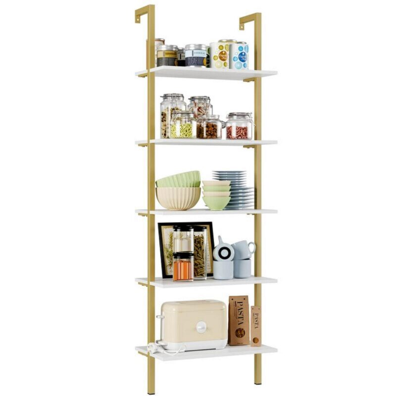 Homfa Wall Mounted Iron Bookcase, 5 Tiers Ladder Shelves with Gold Frame, White Finish - Image 4