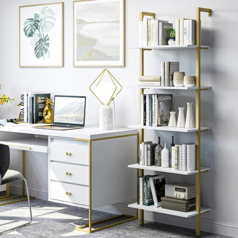 Homfa Wall Mounted Iron Bookcase, 5 Tiers Ladder Shelves with Gold Frame, White Finish - Image 5