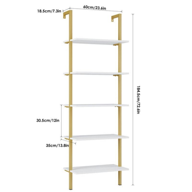 Homfa Wall Mounted Iron Bookcase, 5 Tiers Ladder Shelves with Gold Frame, White Finish - Image 2