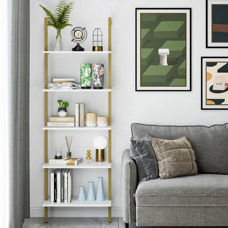 Homfa Wall Mounted Iron Bookcase, 5 Tiers Ladder Shelves with Gold Frame, White Finish - Image 6