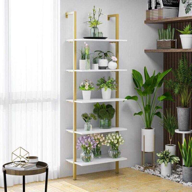 Homfa Wall Mounted Iron Bookcase, 5 Tiers Ladder Shelves with Gold Frame, White Finish - Image 3