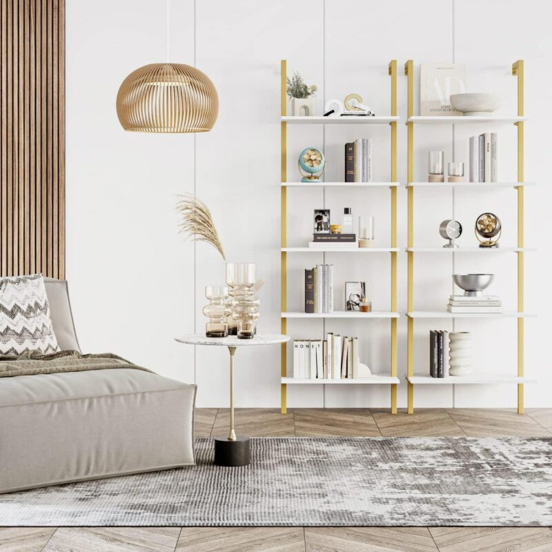 Homfa Wall Mounted Iron Bookcase, 5 Tiers Ladder Shelves with Gold Frame, White Finish - Image 7