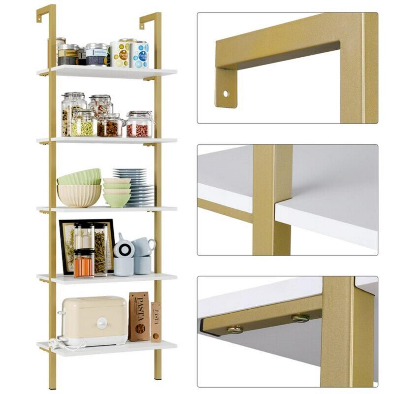 Homfa Wall Mounted Iron Bookcase, 5 Tiers Ladder Shelves with Gold Frame, White Finish - Image 8