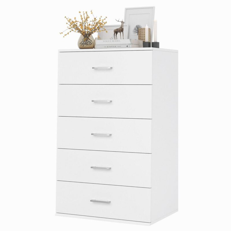 Homfa White Dresser with 5 Drawers, Vertical Chest of Drawers Wood Storage Cabinet for Bedroom Living Room - Image 4