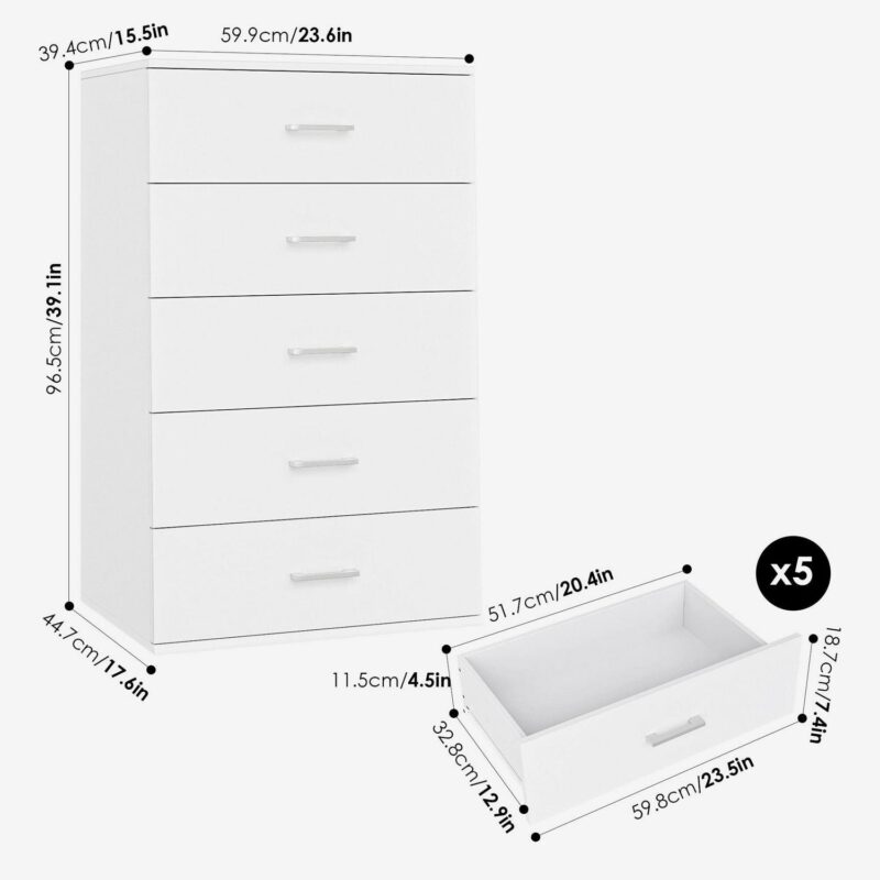 Homfa White Dresser with 5 Drawers, Vertical Chest of Drawers Wood Storage Cabinet for Bedroom Living Room - Image 2