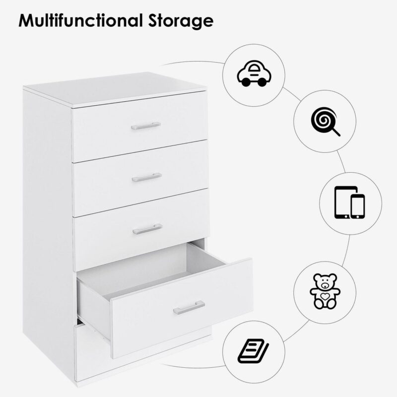 Homfa White Dresser with 5 Drawers, Vertical Chest of Drawers Wood Storage Cabinet for Bedroom Living Room - Image 3