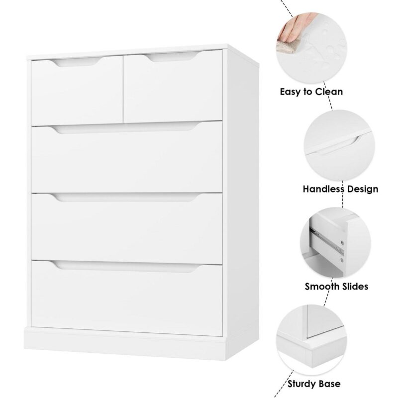 Homfa White Dresser for Bedroom, Vertical Chest of 5 Drawers Handleless Wood Storage Cabinet for Living Room - Image 4