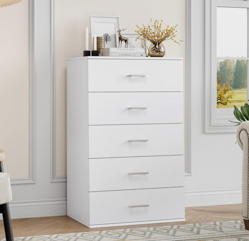 Homfa White Dresser with 5 Drawers, Vertical Chest of Drawers Wood Storage Cabinet for Bedroom Living Room