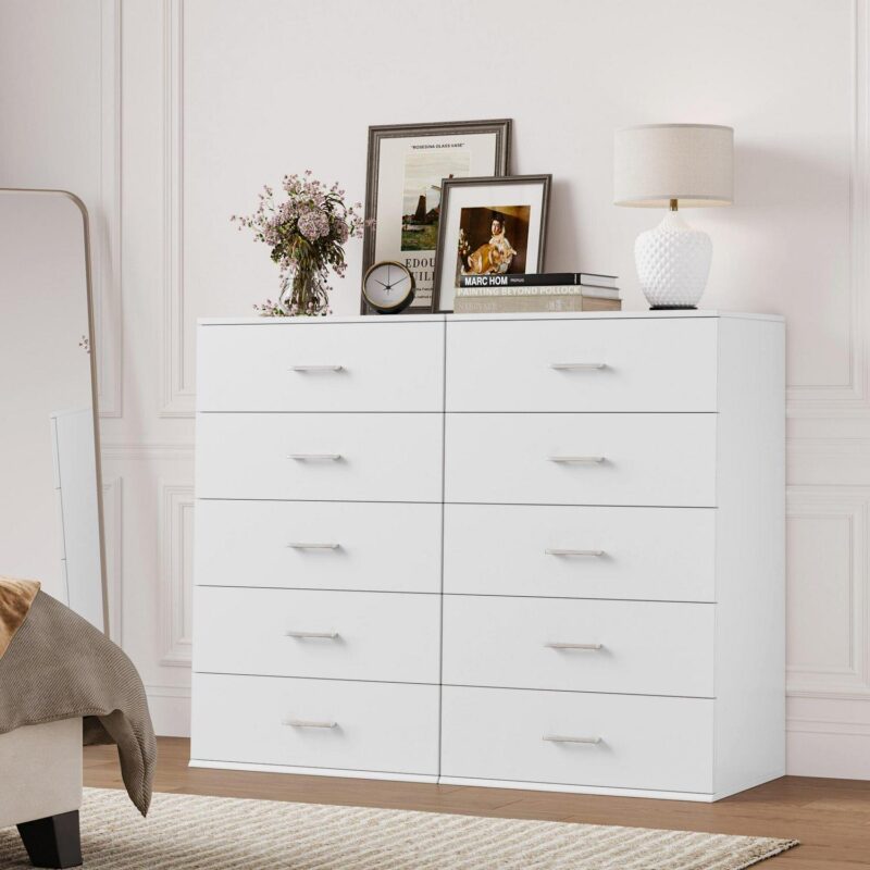 Homfa White Dresser with 5 Drawers, Vertical Chest of Drawers Wood Storage Cabinet for Bedroom Living Room - Image 5