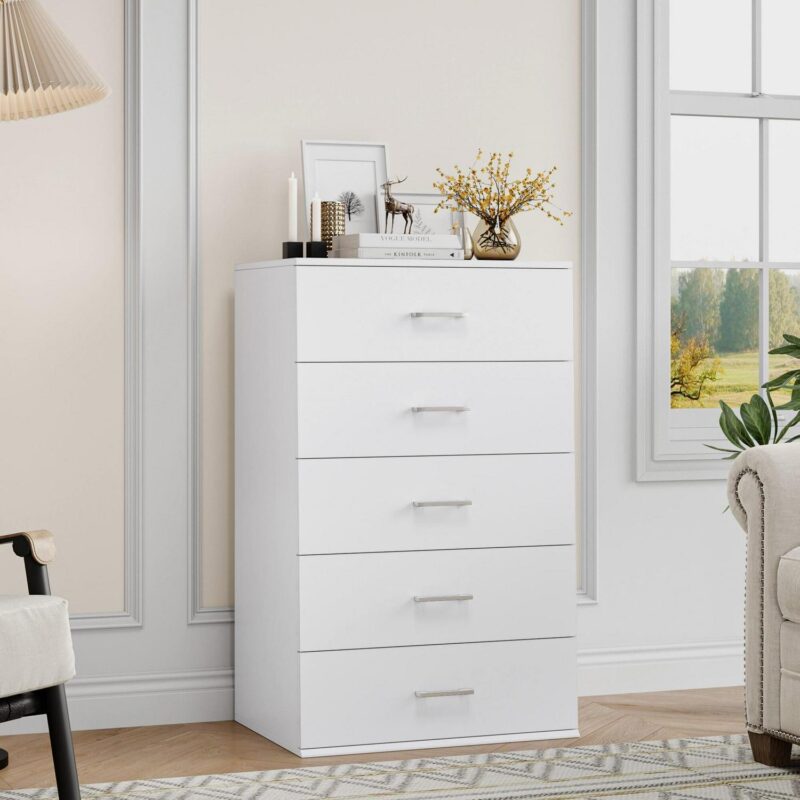 Homfa White Dresser with 5 Drawers, Vertical Chest of Drawers Wood Storage Cabinet for Bedroom Living Room - Image 8