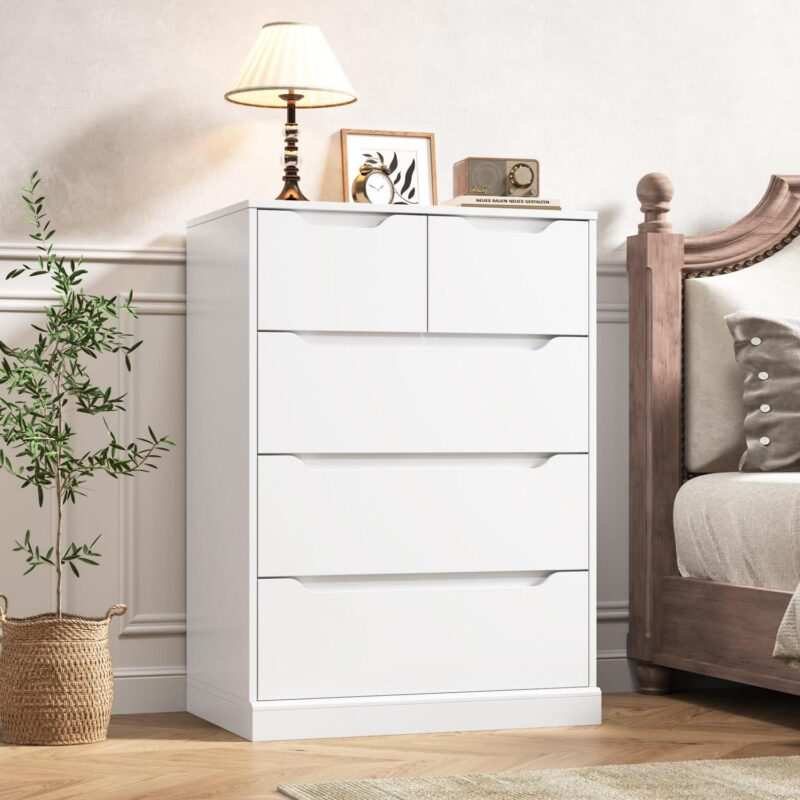 Homfa White Dresser for Bedroom, Vertical Chest of 5 Drawers Handleless Wood Storage Cabinet for Living Room