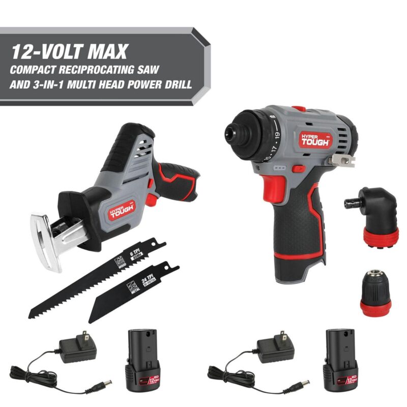 Hyper Tough 12V Max* Compact Reciprocating Saw with 1.5Ah Battery and Charger, and Hyper Tough 12V Max* 3-in-1 Multi-Head Power Drill Set with 1.5Ah Battery and Charger, Tool Bundle