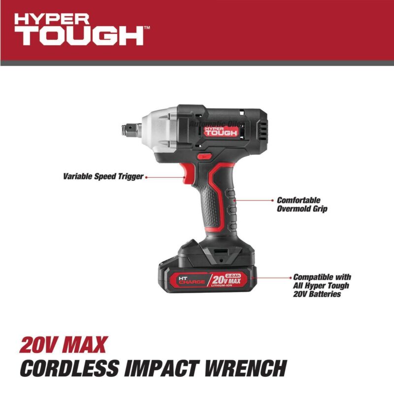 Hyper Tough 20V Cordless 1/2-inch Impact Wrench, Variable Speed Trigger, 2.0 Ah Battery and Charger, 5774 - Image 6