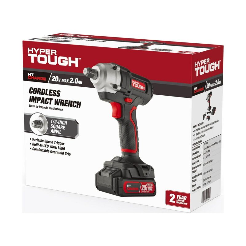 Hyper Tough 20V Cordless 1/2-inch Impact Wrench, Variable Speed Trigger, 2.0 Ah Battery and Charger, 5774 - Image 2