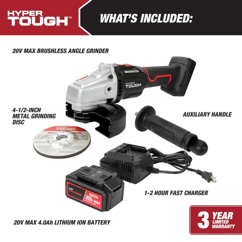 Hyper Tough 20V Max Brushless 4.5-inch Cordless Angle Grinder with 4.0Ah Lithium-Ion Battery and Charger, New - Image 3