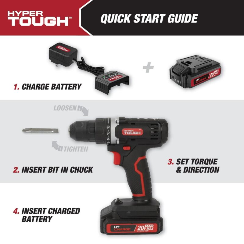 Hyper Tough 20V Max 1.5AH 70-Piece Project Kit with Cordless Drill, Battery and Charger - Image 10
