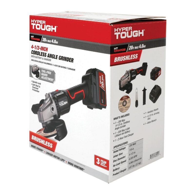 Hyper Tough 20V Max Brushless 4.5-inch Cordless Angle Grinder with 4.0Ah Lithium-Ion Battery and Charger, New - Image 12
