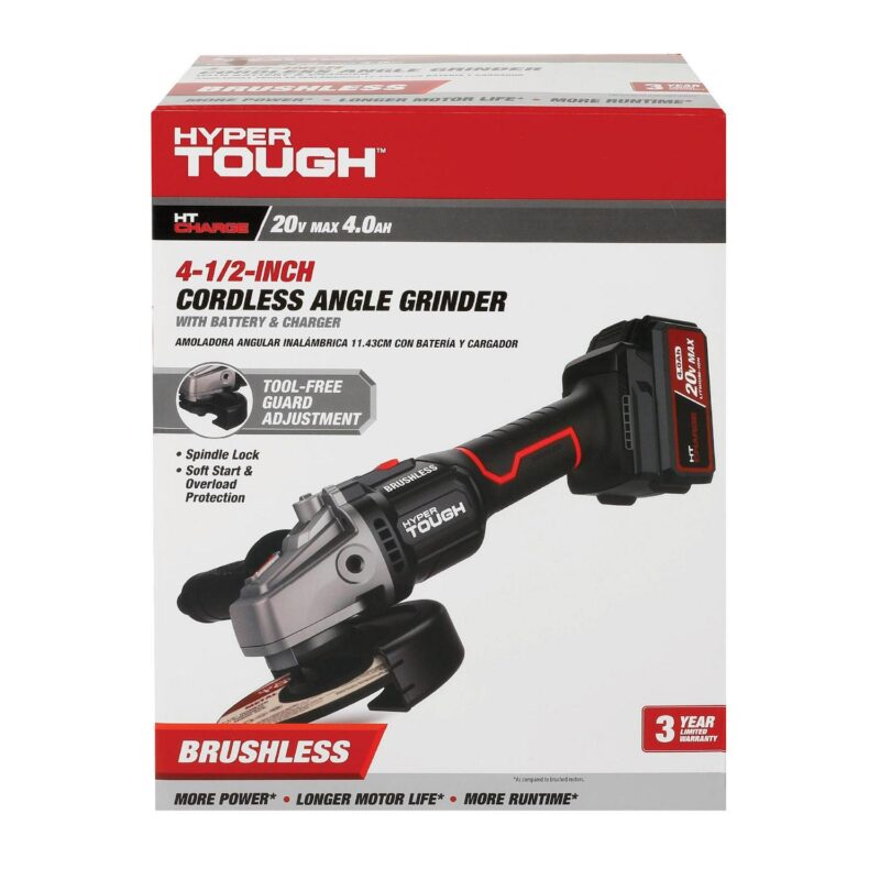Hyper Tough 20V Max Brushless 4.5-inch Cordless Angle Grinder with 4.0Ah Lithium-Ion Battery and Charger, New - Image 11
