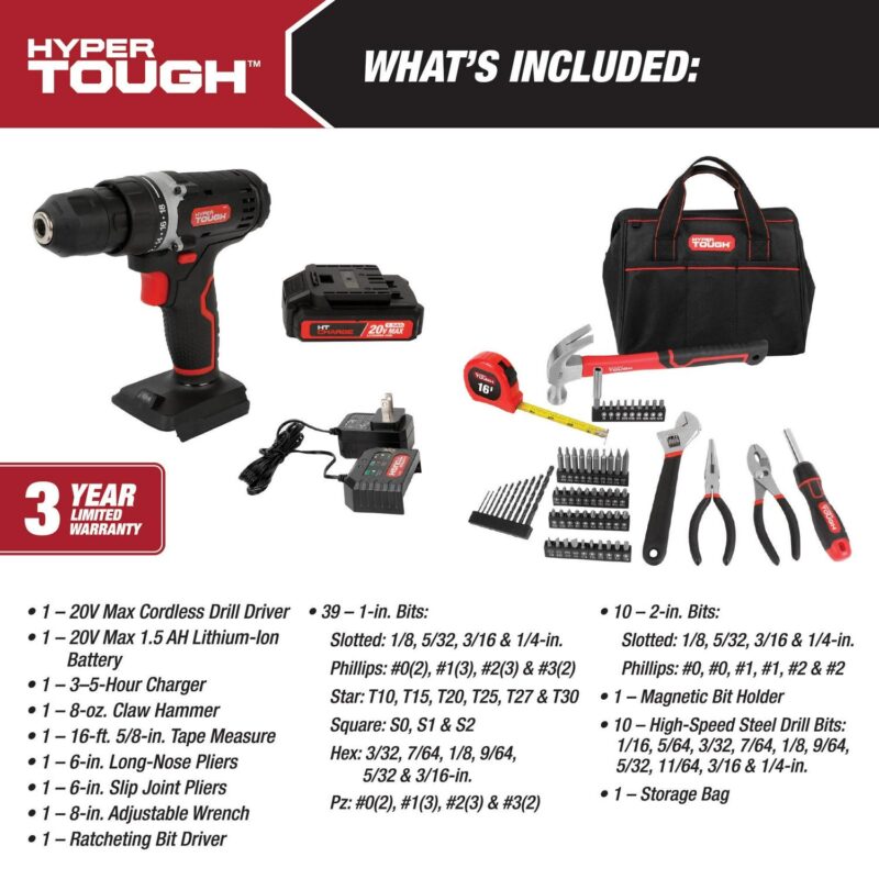 Hyper Tough 20V Max 1.5AH 70-Piece Project Kit with Cordless Drill, Battery and Charger - Image 3