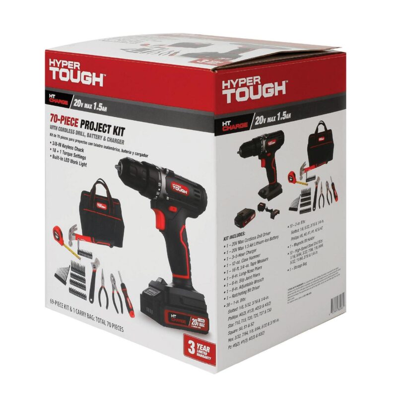 Hyper Tough 20V Max 1.5AH 70-Piece Project Kit with Cordless Drill, Battery and Charger - Image 12