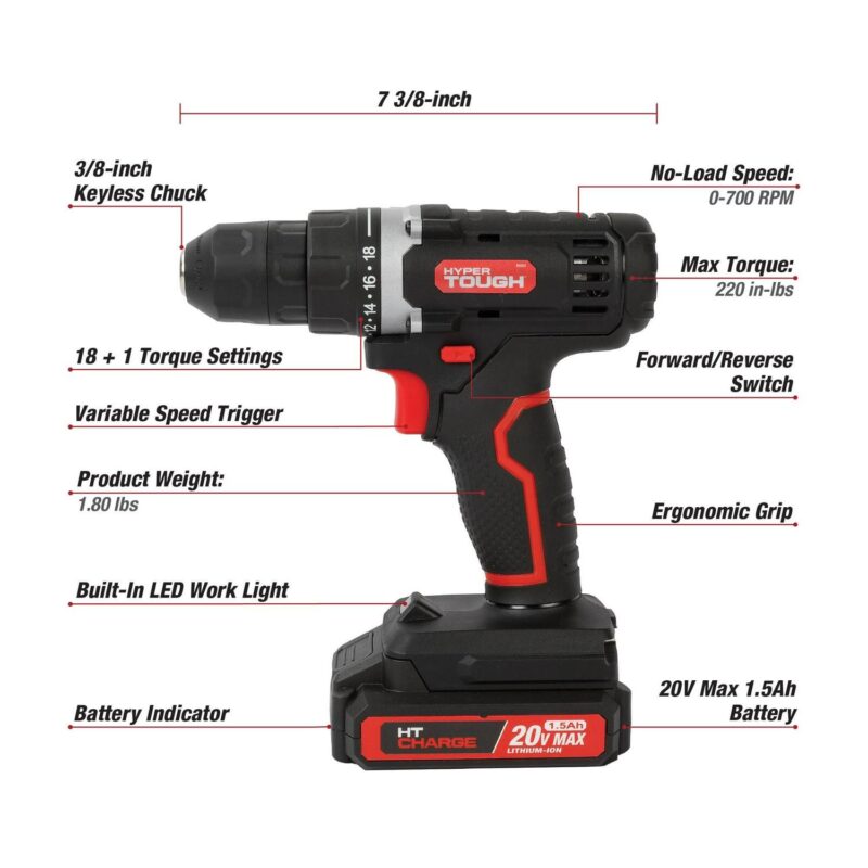 Hyper Tough 20V Max 1.5AH 70-Piece Project Kit with Cordless Drill, Battery and Charger - Image 4