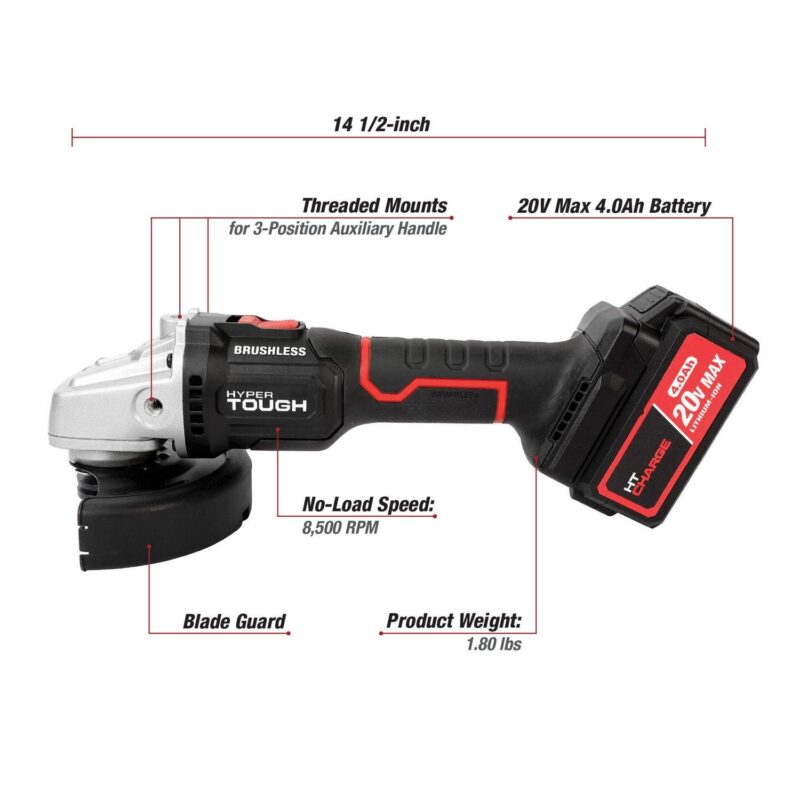 Hyper Tough 20V Max Brushless 4.5-inch Cordless Angle Grinder with 4.0Ah Lithium-Ion Battery and Charger, New - Image 4