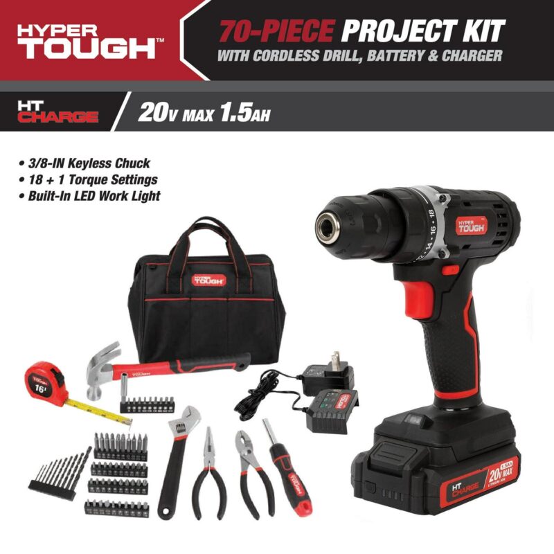 Hyper Tough 20V Max 1.5AH 70-Piece Project Kit with Cordless Drill, Battery and Charger - Image 2