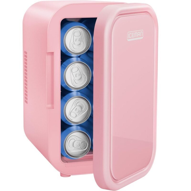 ICEMAN Portable Mini Fridge w/ 8 12oz Can Capacity, Cools and Heats, Car Plug Included - Pink, New
