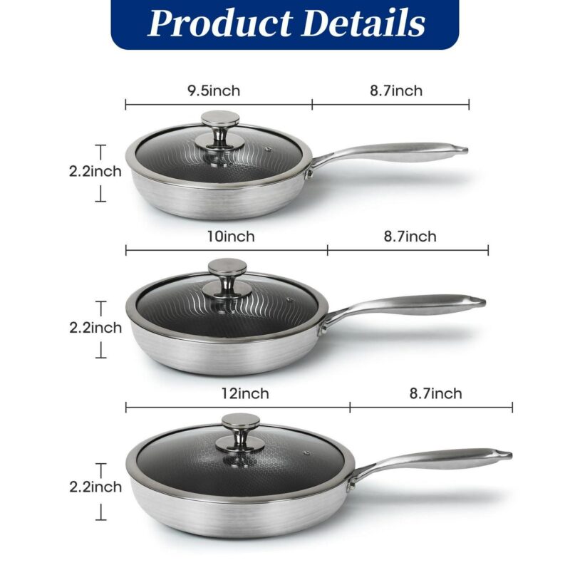 Innerwell 6 Piece Stainless Steel Frying Pan Cookware Set Non-stick with Lid Stay Cool Handle Omelette Skillet Works with Induction - Image 4