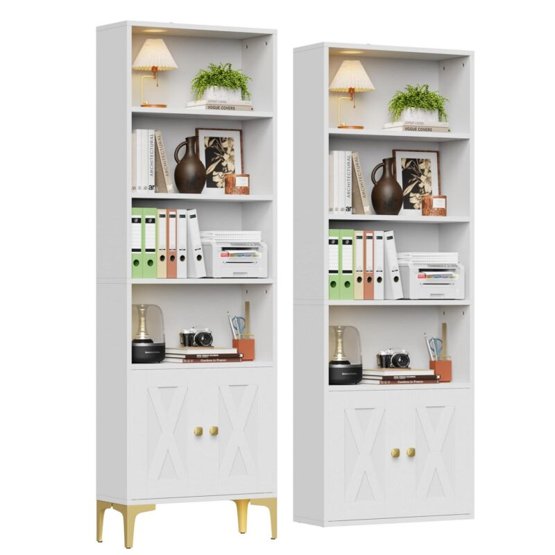 JOZ 5-Shelf Bookcase with Doors, Adjustable feet, Floor Standing Storage Cabinet for Home Office, White - Image 9