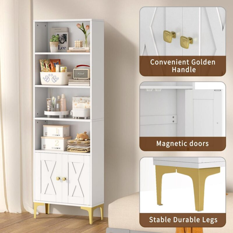 JOZ 5-Shelf Bookcase with Doors, Adjustable feet, Floor Standing Storage Cabinet for Home Office, White - Image 5