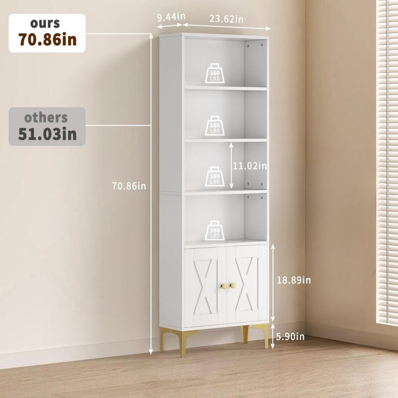 JOZ 5-Shelf Bookcase with Doors, Adjustable feet, Floor Standing Storage Cabinet for Home Office, White - Image 8