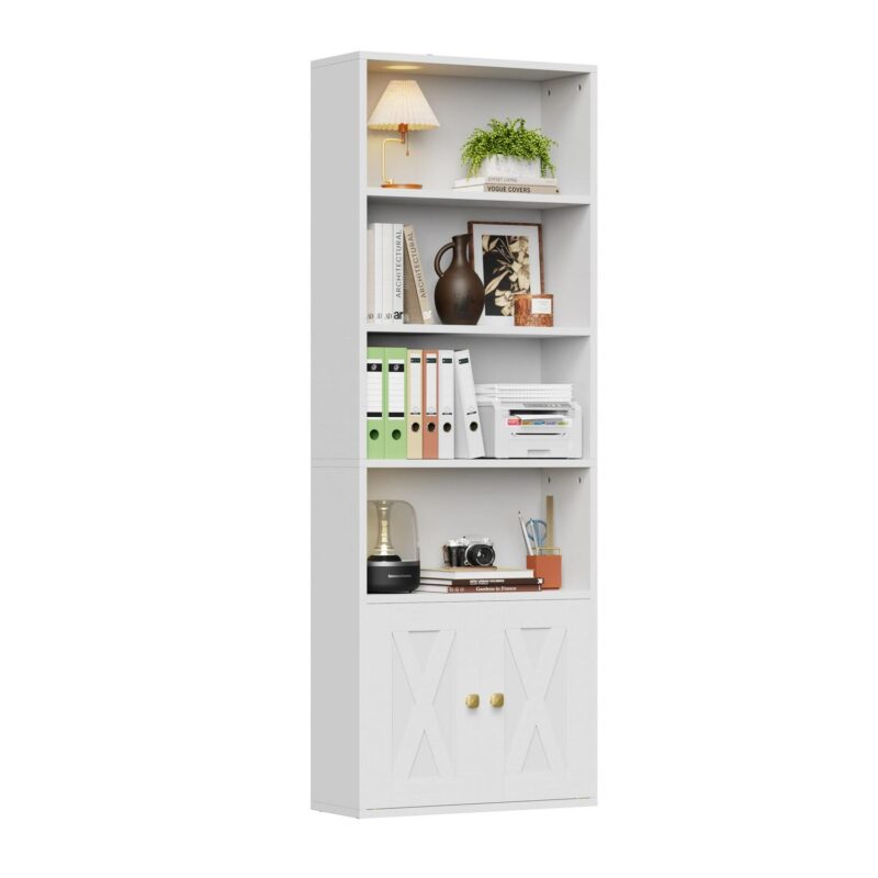 JOZ 5-Shelf Bookcase with Doors, Adjustable feet, Floor Standing Storage Cabinet for Home Office, White
