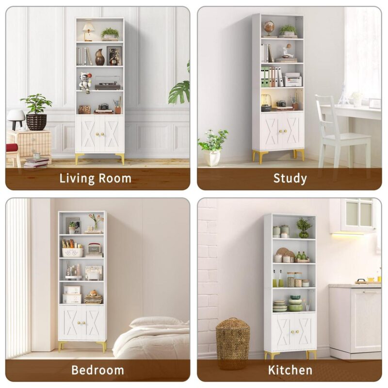 JOZ 5-Shelf Bookcase with Doors, Adjustable feet, Floor Standing Storage Cabinet for Home Office, White - Image 7