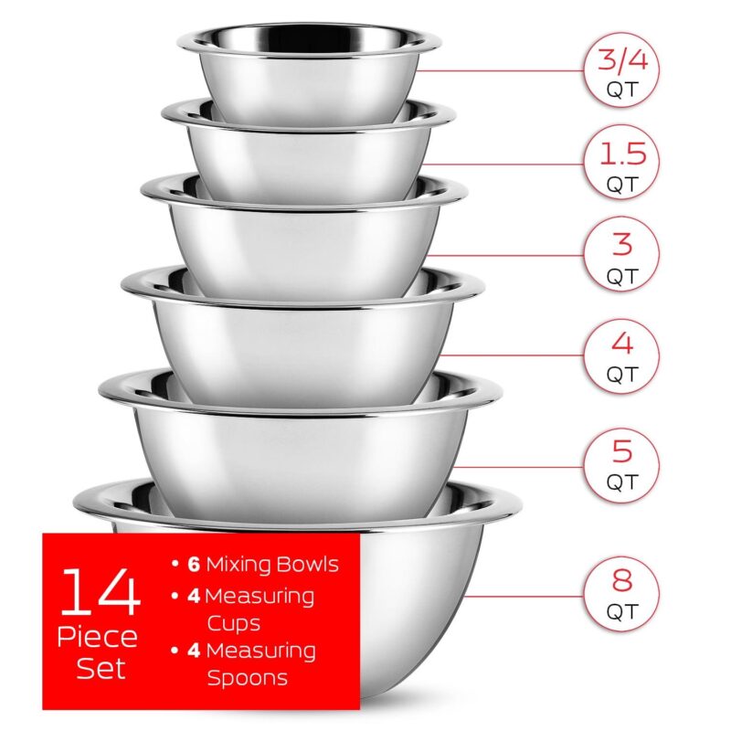 Joytable Premium Stainless Steel 6pc Mixing Bowls with Measuring Cup Set, Nesting Mixing Bowls - Image 2