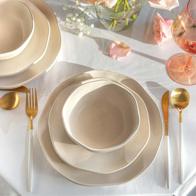 Just Feed Me by Jessie James Decker 12-Piece Ceramic Dinnerware Set, Terracotta Rose Speckle and Cream - Image 11