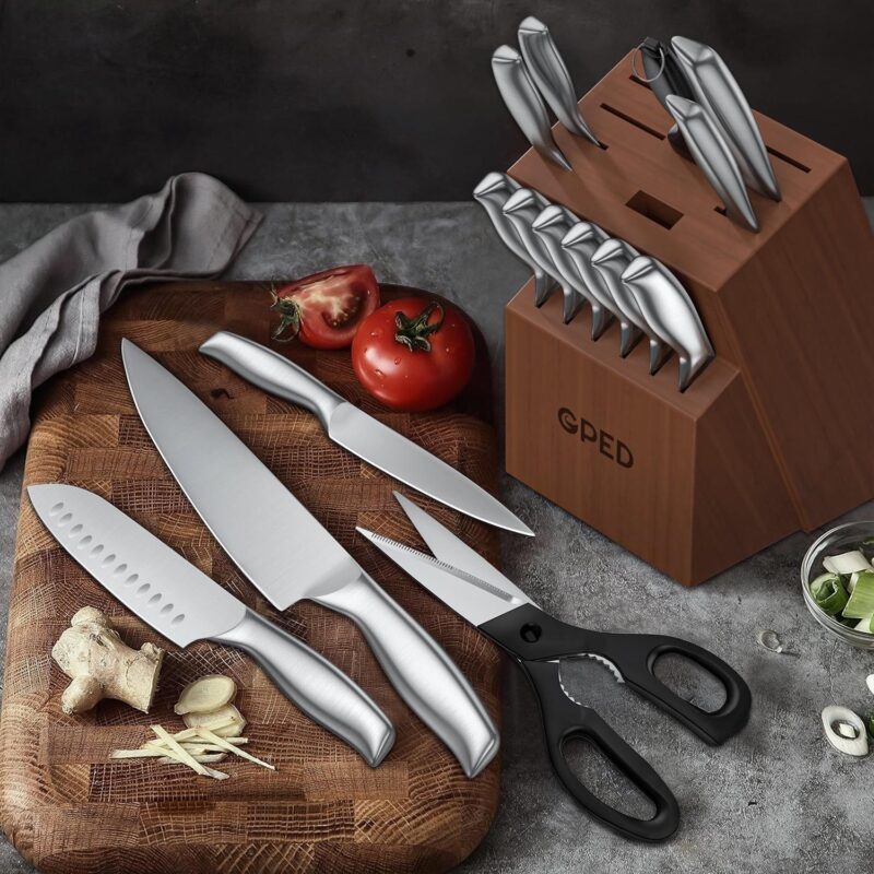 Knife Block Set, Kitchen Knife Set with Block, 16 Pcs Professional Chef Knife Set with Knife Sharpener and 8 Steak Knives, Ultra Sharp Stainless Steel Knife Set for Kitchen, Dishwasher Safe - Image 4