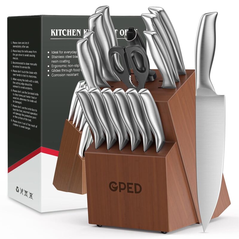 Knife Block Set, Kitchen Knife Set with Block, 16 Pcs Professional Chef Knife Set with Knife Sharpener and 8 Steak Knives, Ultra Sharp Stainless Steel Knife Set for Kitchen, Dishwasher Safe