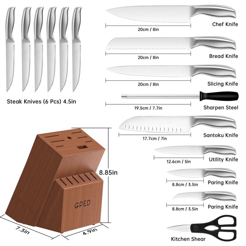Knife Block Set, Kitchen Knife Set with Block, 16 Pcs Professional Chef Knife Set with Knife Sharpener and 8 Steak Knives, Ultra Sharp Stainless Steel Knife Set for Kitchen, Dishwasher Safe - Image 5
