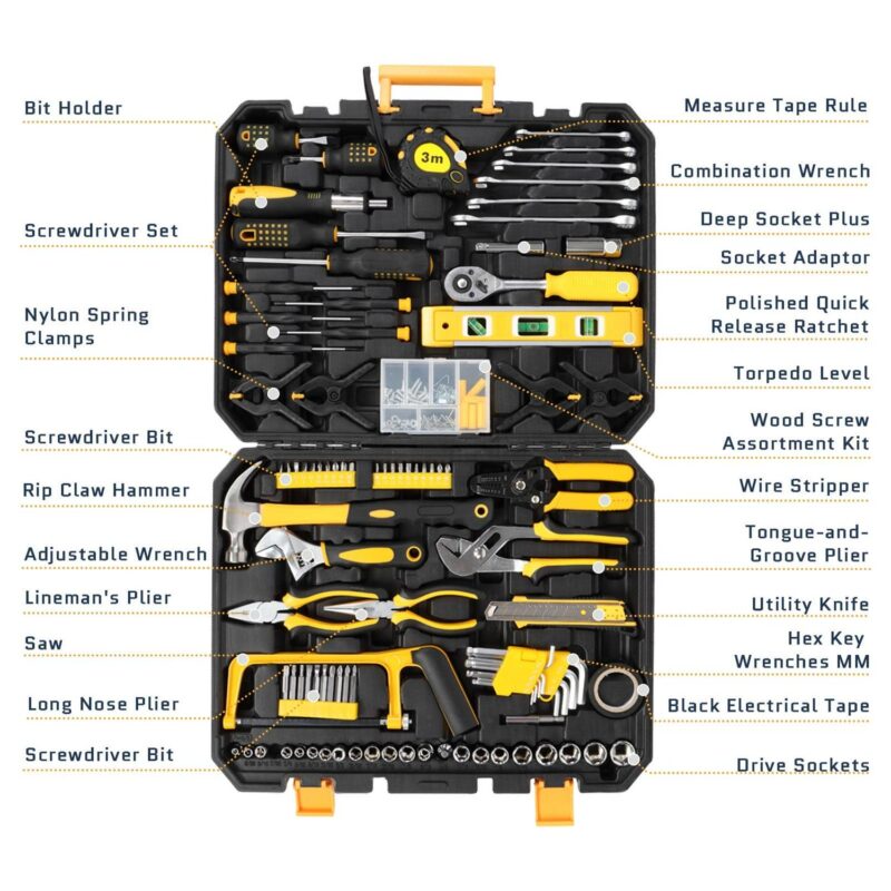 Ktaxon 198 Piece Tool Set, General Household Hand Tool Kit Socket Wrench Auto Repair Tool, W/ Storage Case, Yellow - Image 2
