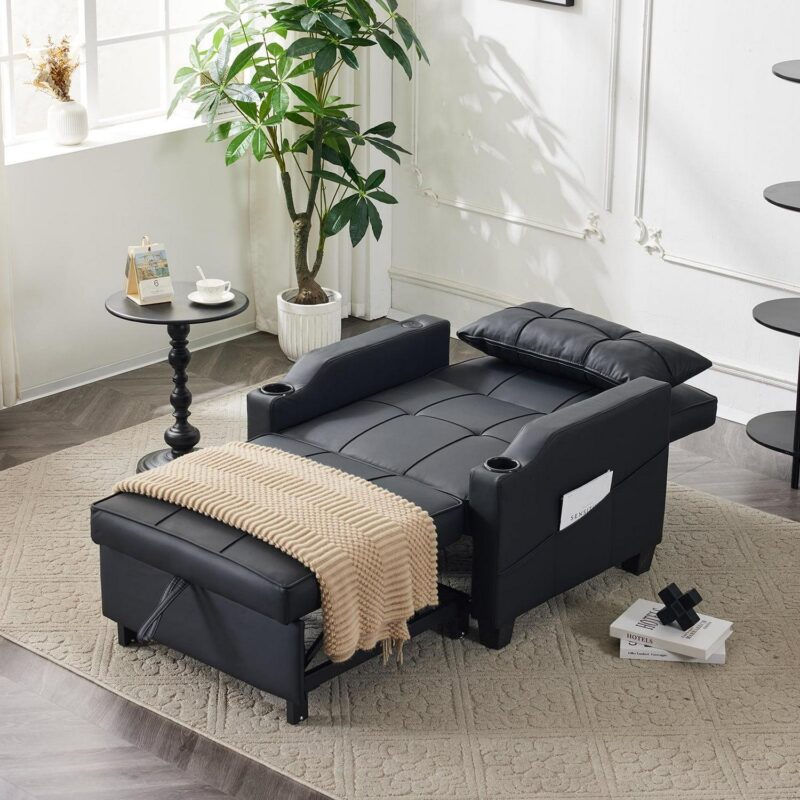 Ktaxon 3-in-1 Single Sofa Bed Convertible Sleeper Chair Tech Fabric Futon Sofa with Lumbar Pillow for Living Room Bedroom Office Apartment Furniture Black - Image 9