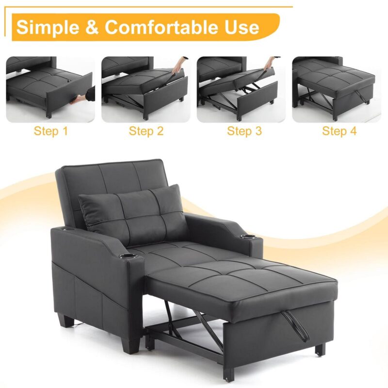 Ktaxon 3-in-1 Single Sofa Bed Convertible Sleeper Chair Tech Fabric Futon Sofa with Lumbar Pillow for Living Room Bedroom Office Apartment Furniture Black - Image 4