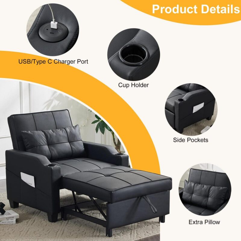 Ktaxon 3-in-1 Single Sofa Bed Convertible Sleeper Chair Tech Fabric Futon Sofa with Lumbar Pillow for Living Room Bedroom Office Apartment Furniture Black - Image 3