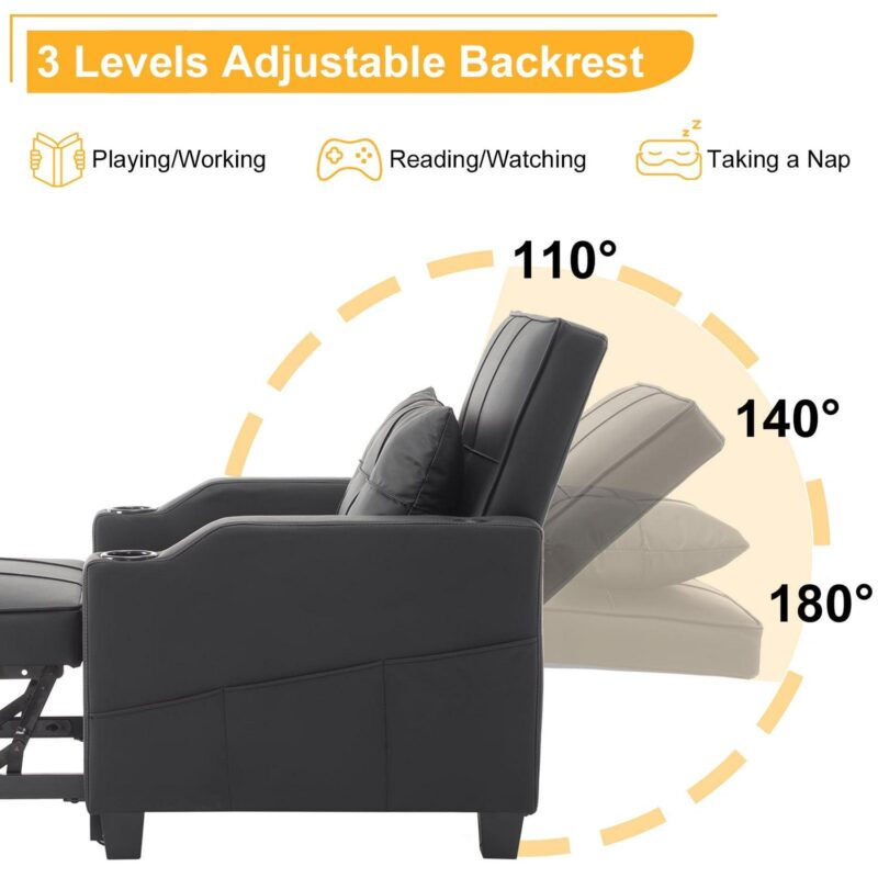 Ktaxon 3-in-1 Single Sofa Bed Convertible Sleeper Chair Tech Fabric Futon Sofa with Lumbar Pillow for Living Room Bedroom Office Apartment Furniture Black - Image 5