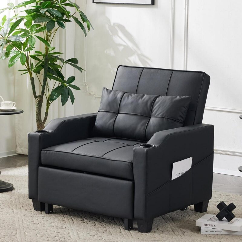 Ktaxon 3-in-1 Single Sofa Bed Convertible Sleeper Chair Tech Fabric Futon Sofa with Lumbar Pillow for Living Room Bedroom Office Apartment Furniture Black - Image 7