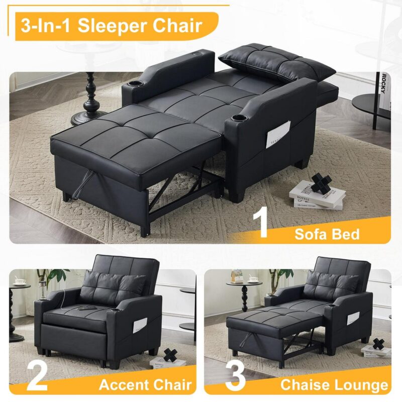 Ktaxon 3-in-1 Single Sofa Bed Convertible Sleeper Chair Tech Fabric Futon Sofa with Lumbar Pillow for Living Room Bedroom Office Apartment Furniture Black - Image 6