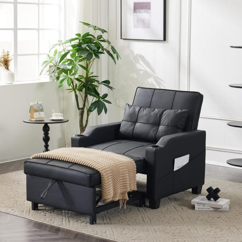 Ktaxon 3-in-1 Single Sofa Bed Convertible Sleeper Chair Tech Fabric Futon Sofa with Lumbar Pillow for Living Room Bedroom Office Apartment Furniture Black