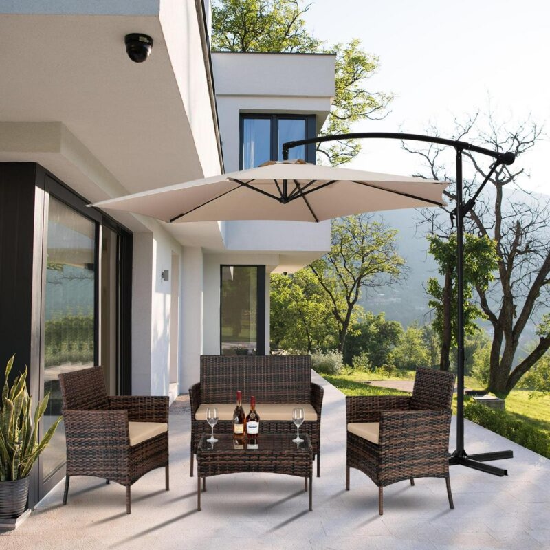 Ktaxon 4PCs Outdoor Wicker Conversation Set, Patio Furniture Set Loveseat Tempered Glass Coffee Table Outdoor All Weather Rattan Sofa Set, Brown Gradient - Image 2